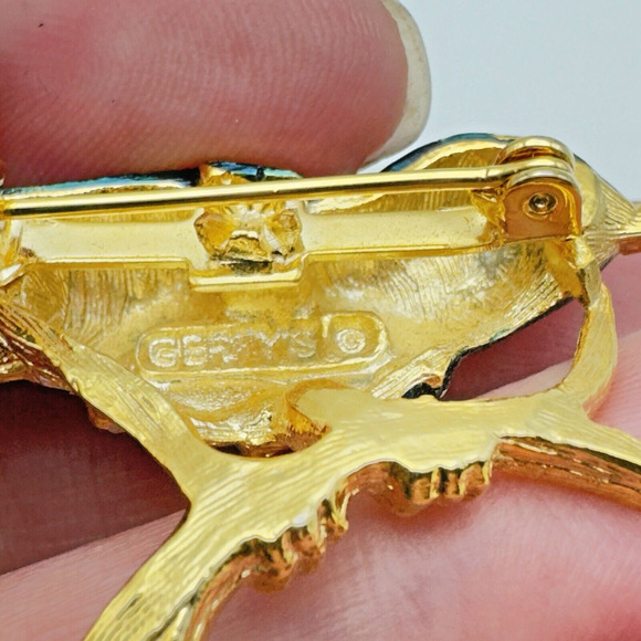 Vintage Bird Brooch Gold Tone Green White Jay Perched On A Branch Gerrys 2" - Picture 4 of 7
